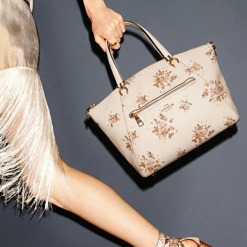 Coach Cream Pebbled Leather Satchel with Tan Floral Print